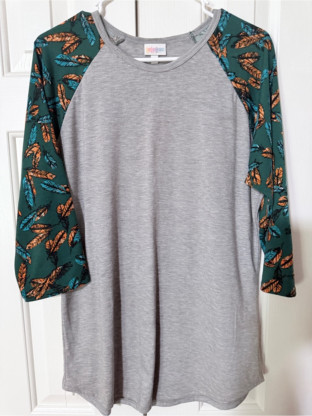 Women’s “Randy”  Tee - Gray Body with Green Feather-Print Sleeves